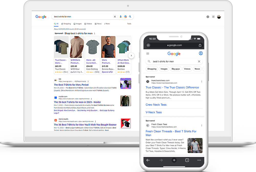 Google search ads and pay-per-click example on mobile and desktop